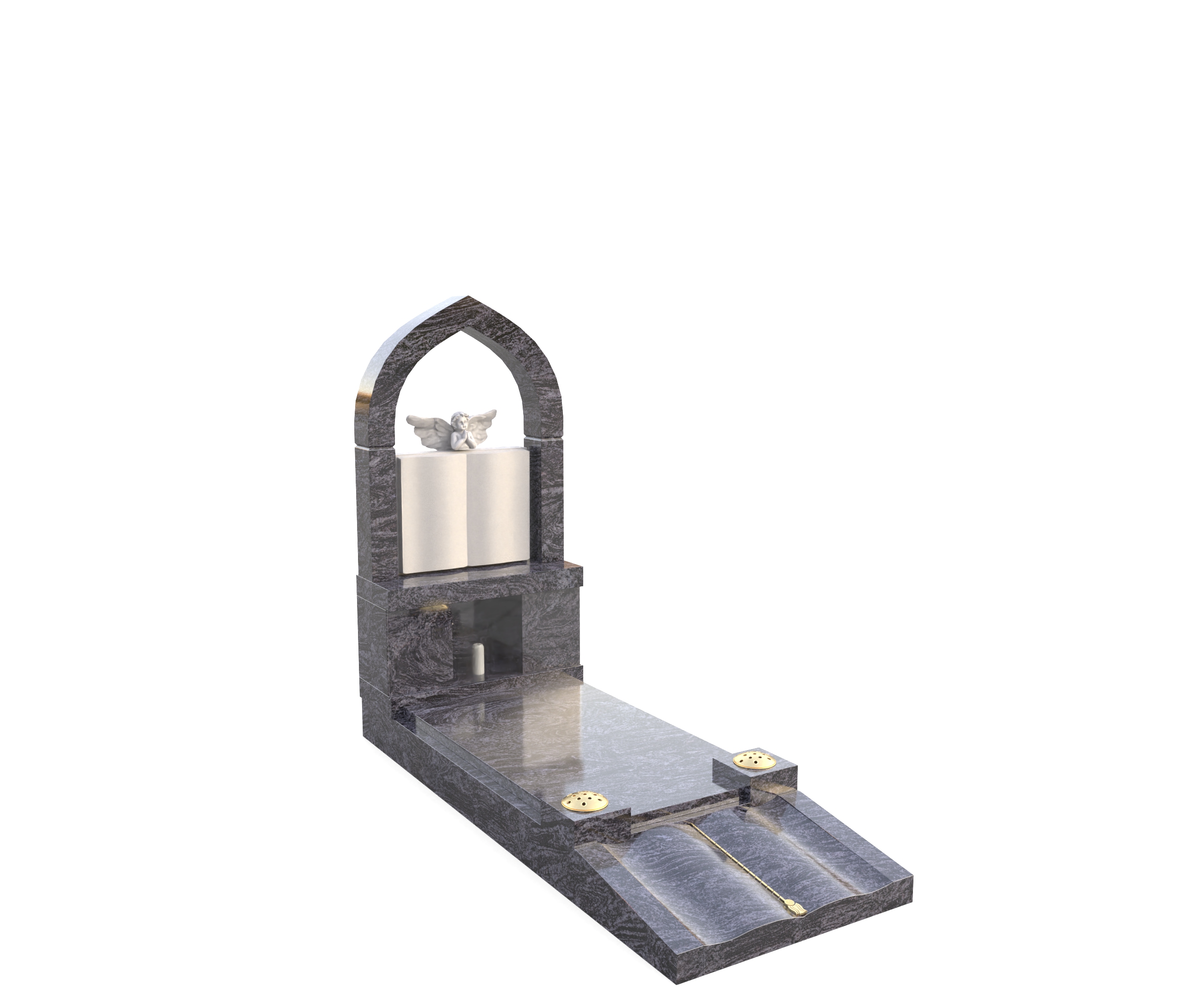 STUNNING GOTHIC TOP MEMORIAL WITH CARVED BOOK AND ANGEL, BUILT IN CANDLE-BOX AND CARVED BOOK.