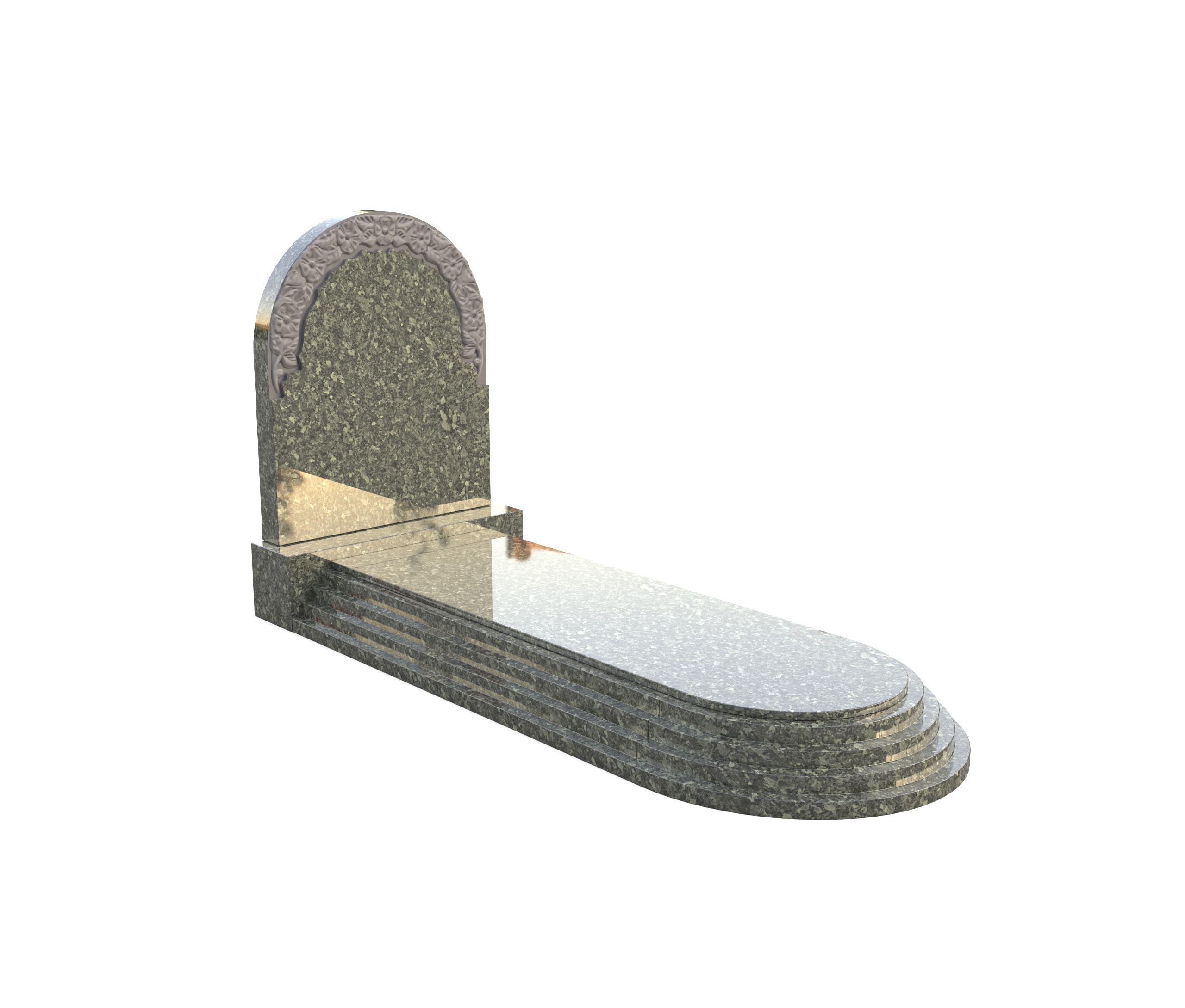 The Round top headstone is adorned with carved flowers. The headstone shape is reflected in the tiered cover slab